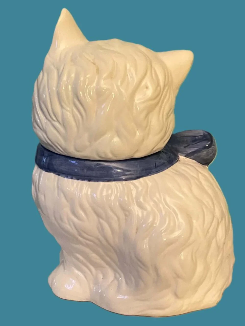 Vintage Ceramic White Cat Cookie Jar & Salt Pepper Shakers Blue Bow 3 Pc Set